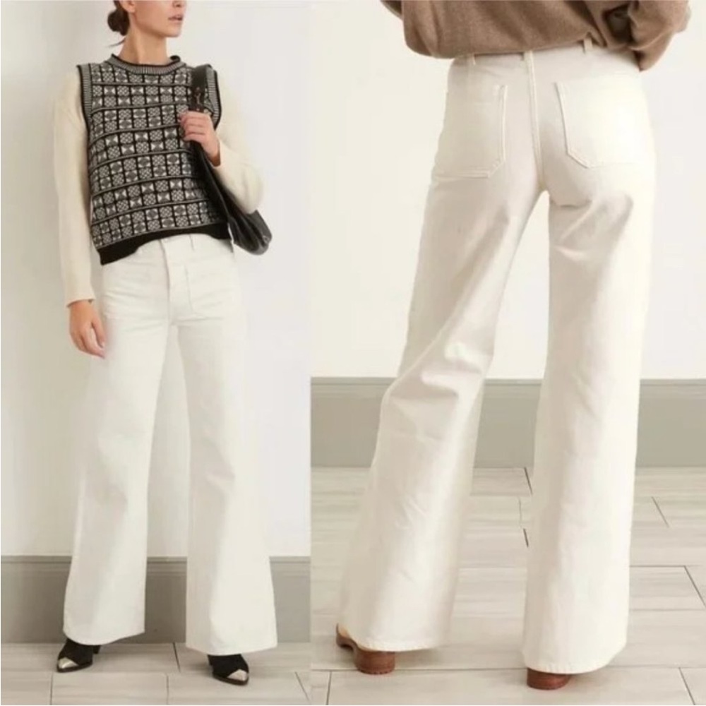 Nili Lotan Florence Wide Leg Pants Utility Button Fly in Cream Wash Women's 27